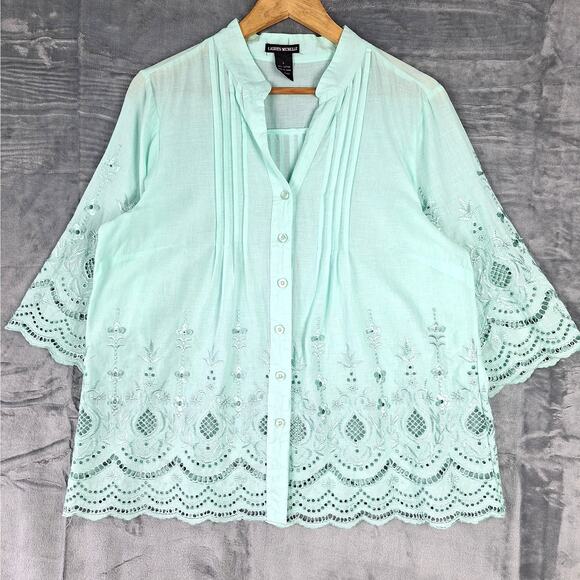 Womens Top Large Green Boho‎ Chic Cottagecore Peasant Embroidered Floral Eyelet - Picture 1 of 6